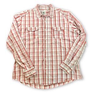 Paper Denim Cloth Red Orange Plaid Utility Button Up Work Shirt Long Sleeve 2XL